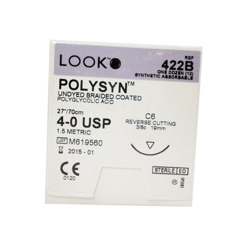 Look 422B PolySyn PGA Undyed Braided Absorbable Reverse Cutting Sutures C6 4-0 27 Look 422B PolySyn PGA Undyed Braided Absorbable Reverse Cutting Sutures C6 4-0 27